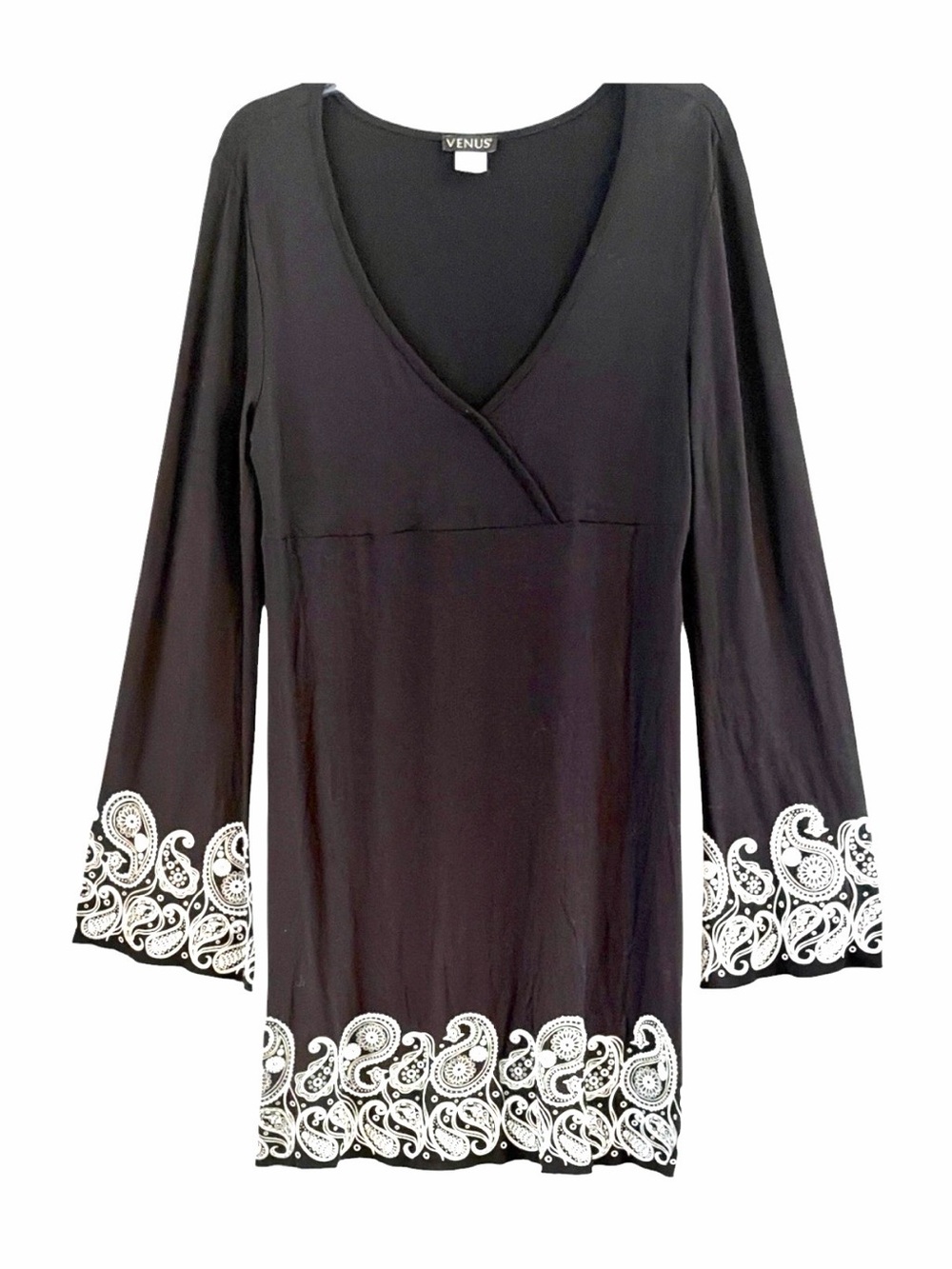 VENUS Black Paisley Print Faux Wrap Bell Sleeve Mini Dress Size M
